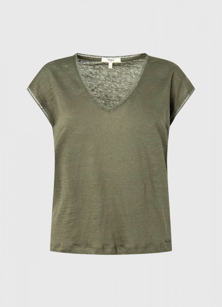 Pepe Jeans CLEMENTINE OPEN KNIT DETAIL T-SHIRT olive